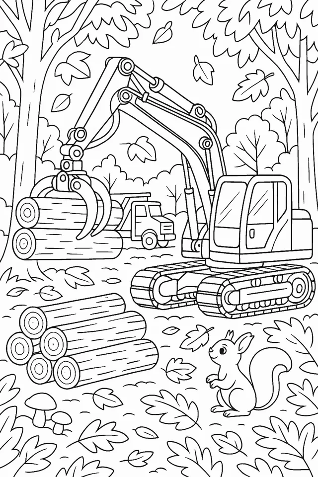Malvorlage: Kettenbagger mit Holzgreifer hebt Baumstämme im Herbstwald, Kipplaster dahinter, Stapel Stämme, Laub, Pilze und ein Eichhörnchen im Vordergrund.