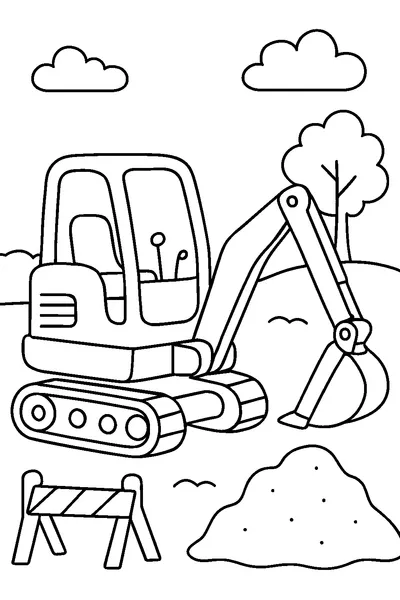 Malvorlage: Minibagger mit Kettenlaufwerk und gesenktem Löffel, davor eine Absperrung und ein Sandhaufen, dahinter Baum, Hügel und Wolken.